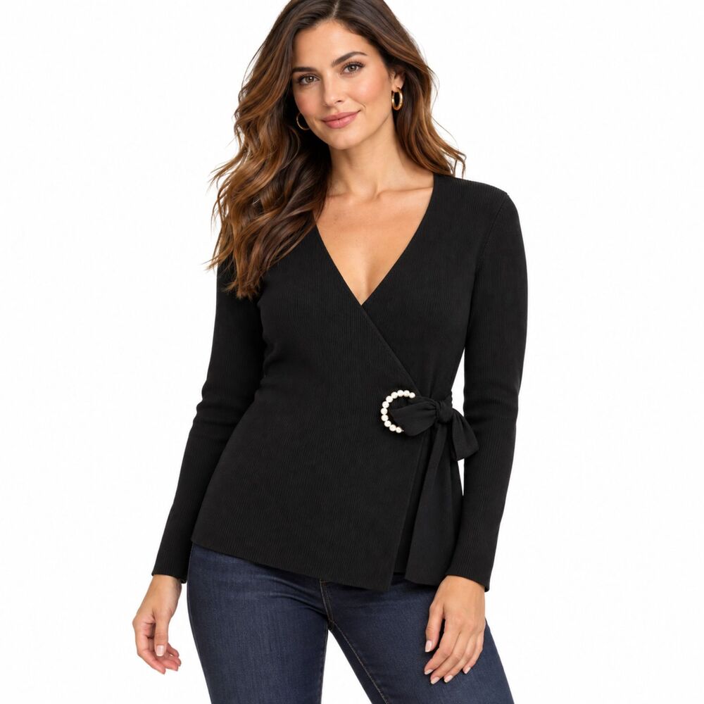 INC International Concepts Black Ribbed Wrap Sweater Rhinestone Buckle Sz L